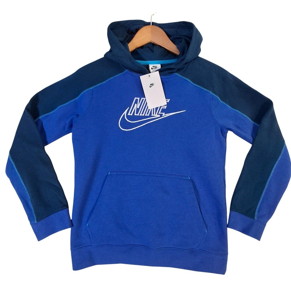Nike Hoodie Boys Large Blue Pullover Swoosh Logo Kangaroo Pocket DR9176-480